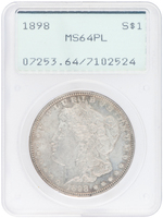 $1 MORGAN SILVER DOLLAR 1898 PCGS MS64PL.