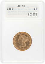 $5 LIBERTY HEAD GOLD 1885 ANA AU50.