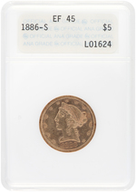 $5 LIBERTY HEAD GOLD 1886-S ANA EF45.