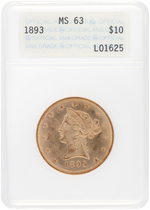 $10 LIBERTY HEAD GOLD 1893 ANA MS63.