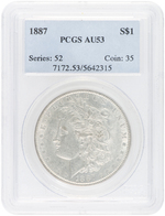 $1 MORGAN SILVER DOLLAR 1887 PCGS AU53.