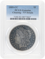 $1 MORGAN SILVER DOLLAR 1889-CC PCGS GENUINE CLEANING VF DETAILS.