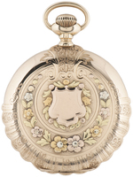 WALTHAM WATCH CO. MULTICOLOR 14K GOLD 19 JEWELS HUNTING CASE POCKET WATCH WITH DIAMOND SETTING.