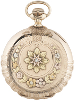 WALTHAM WATCH CO. MULTICOLOR 14K GOLD 19 JEWELS HUNTING CASE POCKET WATCH WITH DIAMOND SETTING.