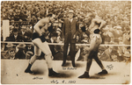 JIM JEFFRIES - JACK JOHNSON - TEX RICKARD JULY 4, 1910 FIGHT OF THE CENTURY REAL PHOTO POSTCARD.