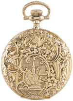 WALTHAM WATCH CO. 14K GOLD 21 JEWELS REPOUSSÉ HUNTING CASE POCKET WATCH.