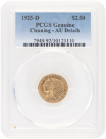 $2 1/2 INDIAN HEAD GOLD 1925-D PCGS GENUINE CLEANING AU DETAILS.