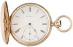 JULES HAGUENIN KEY WOUND SWISS POCKET WATCH IN 18KT GOLD HUNTING CASE.