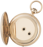 JULES HAGUENIN KEY WOUND SWISS POCKET WATCH IN 18KT GOLD HUNTING CASE.