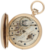 JULES HAGUENIN KEY WOUND SWISS POCKET WATCH IN 18KT GOLD HUNTING CASE.