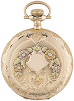 ELGIN WATCH CO. MULTICOLOR 14K GOLD 7 JEWELS HUNTING CASE POCKET WATCH WITH DIAMOND SETTING.