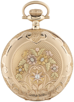 ELGIN WATCH CO. MULTICOLOR 14K GOLD 7 JEWELS HUNTING CASE POCKET WATCH WITH DIAMOND SETTING.