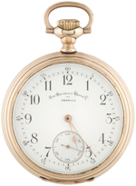 NON MAGNETIC WATCH CO. YELLOW GOLD-FILLED OPEN FACE POCKET WATCH.