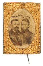 UNLISTED AND RARE VERTICAL FORMAT “GRANT AND COLFAX” CARDBOARD JUGATE BADGE.