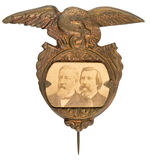 BLAINE 1884 JUGATE CARDBOARD PHOTO ON LARGE BRASS SHELL BADGE HAKE #3089.