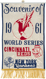 1961 WORLD SERIES BANNER & CARDED LOUISVILLE SLUGGER BAT PEN & PENCIL SET.