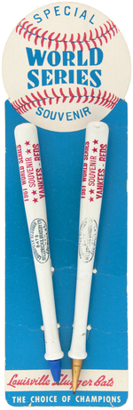 1961 WORLD SERIES BANNER & CARDED LOUISVILLE SLUGGER BAT PEN & PENCIL SET.