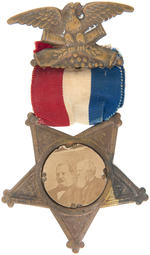 CLEVELAND AND THURMAN 1888 CARDBOARD JUGATE ON BRASS SHELL RIBBON BADGE.