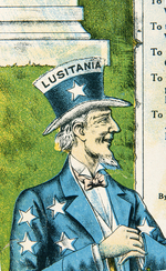 UNCLE SAM IN "LUSITANIA" HAT PREPARES TO BURY KAISER WILHELM 1918 POSTER FEATURING WILSON.