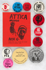 ATTICA 1971 RIOT FOUR BUTTONS AND STICKER PLUS SEVEN OTHER PRISONER RIGHTS BUTTONS.