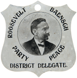 ROOSEVELT / BAENSCH /PARTY PEACE / DISTRICT DELEGATE 1904 ALUMINUM TAG.