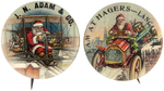 SANTA IN BI-PLANE AND EARLY AUTO COLORFUL PAIR OF BUTTONS.