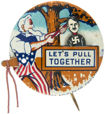 WORLD WAR II CLASSIC LITHO TIN MECHANICAL BUTTON WITH UNCLE SAM HANGING HITLER.