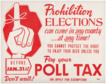 LOT OF NINE POLL TAX ITEMS INCLUDING CARDBOARD SIGN, PAPER RIBBON AND BUTTONS.