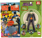 MEGO CARDED FUN 'N FLEX JOKER & CARDED "BATMAN L'IL ZIPS BATCYCLE" PAIR.