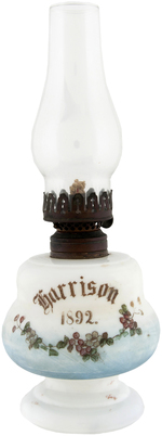 HAND PAINTED HARRISON MILK GLASS LAMP.