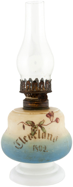 HAND PAINTED CLEVELAND MILK GLASS LAMP.