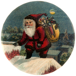 SANTA WITH TOY PACK ON SNOWY ROOF AGAINST NIGHT TIME SKY EARLY RARE BUTTON.