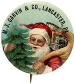 BEAUTIFUL COLOR BUTTON WITH SANTA HOLDING CHRISTMAS TREE AND TOY PACK FIRST SEEN WITH THIS IMPRINT.