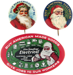 THREE SANTA BUTTONS C. 1930 PROMOTING ELECTRICAL GIFTS.