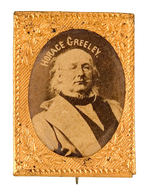 "HORACE GREELEY" PRISTINE CARDBOARD PHOTO BADGE UNLISTED IN DeWITT AND HAKE.