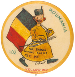 YELLOW KID BUTTON #102 WITH FLAG OF ROMANIA.