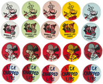 COMIC CHARACTER AND SLOGANS VENDING BUTTONS IN FIVE COLOR VARIETIES FOR TWENTY TOTAL.