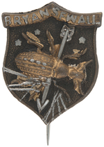 BRYAN & SEWELL 1896 SHIELD PIN WITH SILVER ARROW THROUGH GOLD BUG.
