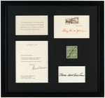 FRAMED DISPLAY WITH FOUR FIRST LADY SIGNATURES: HARRISON, JOHNSON, TRUMAN AND EISENHOWER.