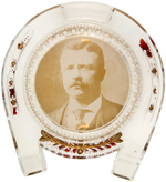 REAL PHOTO TEDDY ROOSEVELT FIGURAL HORSESHOE PAPERWEIGHT.