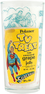 "SUPERMAN TV TREAT" POLANER JELLY GLASS WITH LABEL.