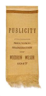 WILSON'S SECOND INAUGURAL RARE RIBBON WITH SAFETY PIN FASTENER.