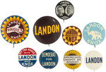 NINE LANDON CAMPAIGN BUTTONS INCLUDING JUGATE HAKE #12.