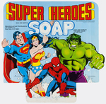 "SUPER HEROES SOAP" BIN SIGN FEATURING SUPERMAN, WONDER WOMAN, SPIDER-MAN & INCREDIBLE HULK.