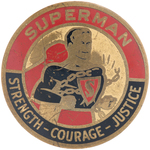 "SUPERMAN" RARE 1940 CANADIAN OGILVIE FLOUR MILLS PREMIUM BRASS BADGE.