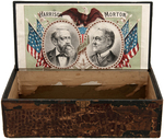 CHECKERBOARD CIGAR BOX WITH JUGATE IMAGES OF HARRISON/MORTON AND CLEVELAND/THURMAN.