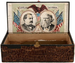 CHECKERBOARD CIGAR BOX WITH JUGATE IMAGES OF HARRISON/MORTON AND CLEVELAND/THURMAN.
