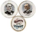 McKINLEY THREE PORCELAIN LABEL STUDS BY O'HARA DIAL CO. FROM 1896.