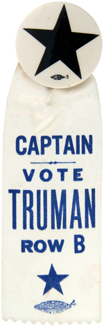 "CAPTAIN VOTE TRUMAN ROW B" RIBBON ON NEW YORK STAR BUTTON.