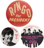 RINGO STARR BUTTON TRIO INCLUDING RARE EARLY PRESIDENTIAL SPOOF BUTTON.